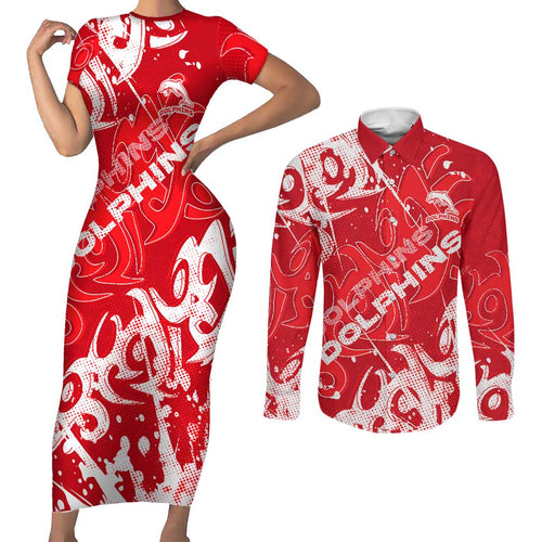 Personalized Dolphins Rugby Couples Matching Short Sleeve Bodycon Dress and Long Sleeve Button Shirt Urban Street Graffiti Style - Distressed Splatter Elements