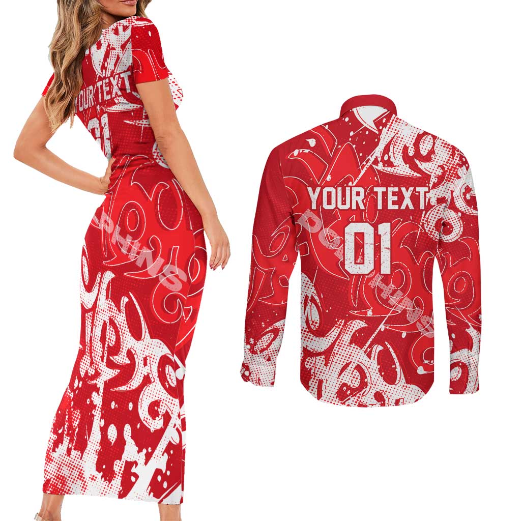 Personalized Dolphins Rugby Couples Matching Short Sleeve Bodycon Dress and Long Sleeve Button Shirt Urban Street Graffiti Style - Distressed Splatter Elements