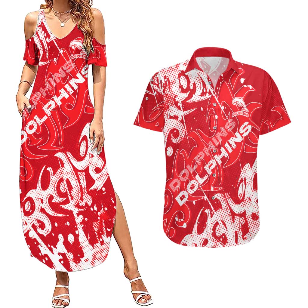 Personalized Dolphins Rugby Couples Matching Summer Maxi Dress and Hawaiian Shirt Urban Street Graffiti Style - Distressed Splatter Elements