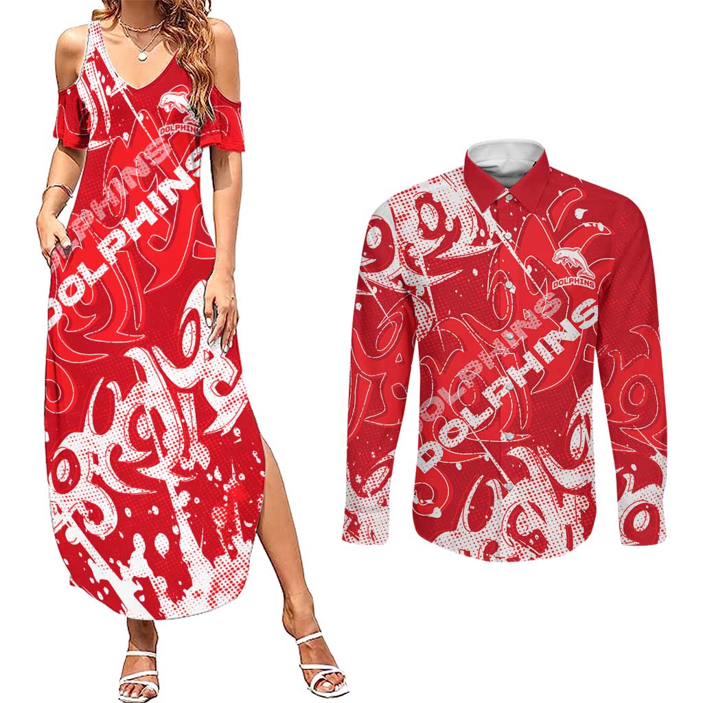 Personalized Dolphins Rugby Couples Matching Summer Maxi Dress and Long Sleeve Button Shirt Urban Street Graffiti Style - Distressed Splatter Elements