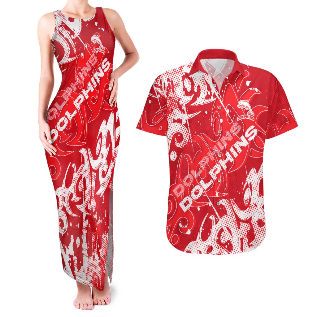 Personalized Dolphins Rugby Couples Matching Tank Maxi Dress and Hawaiian Shirt Urban Street Graffiti Style - Distressed Splatter Elements