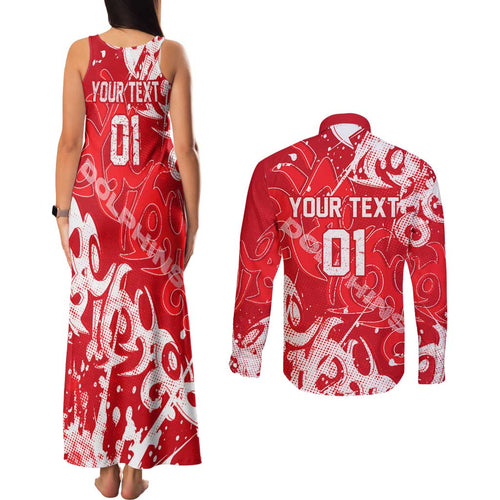 Personalized Dolphins Rugby Couples Matching Tank Maxi Dress and Long Sleeve Button Shirt Urban Street Graffiti Style - Distressed Splatter Elements