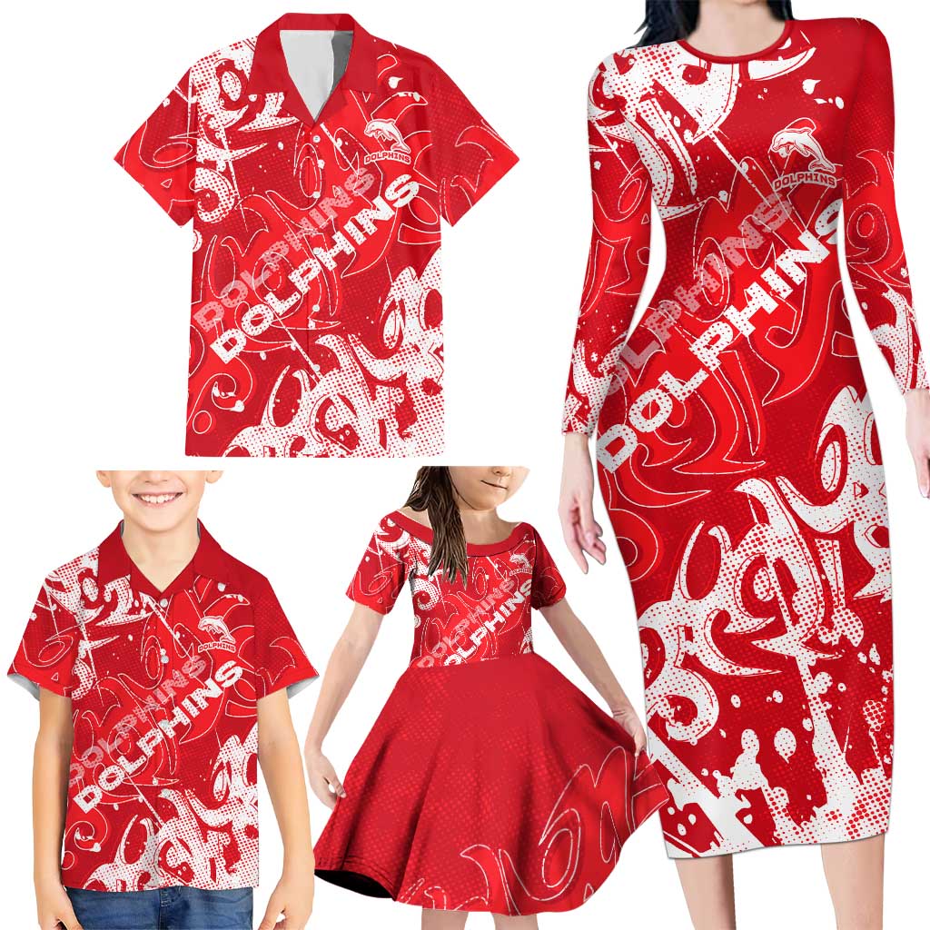 Personalized Dolphins Rugby Family Matching Long Sleeve Bodycon Dress and Hawaiian Shirt Urban Street Graffiti Style - Distressed Splatter Elements