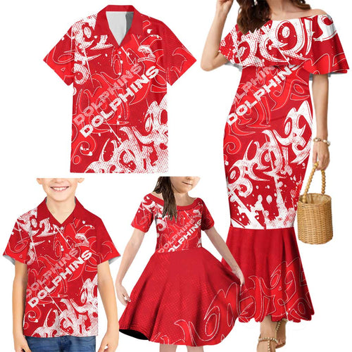 Personalized Dolphins Rugby Family Matching Mermaid Dress and Hawaiian Shirt Urban Street Graffiti Style - Distressed Splatter Elements