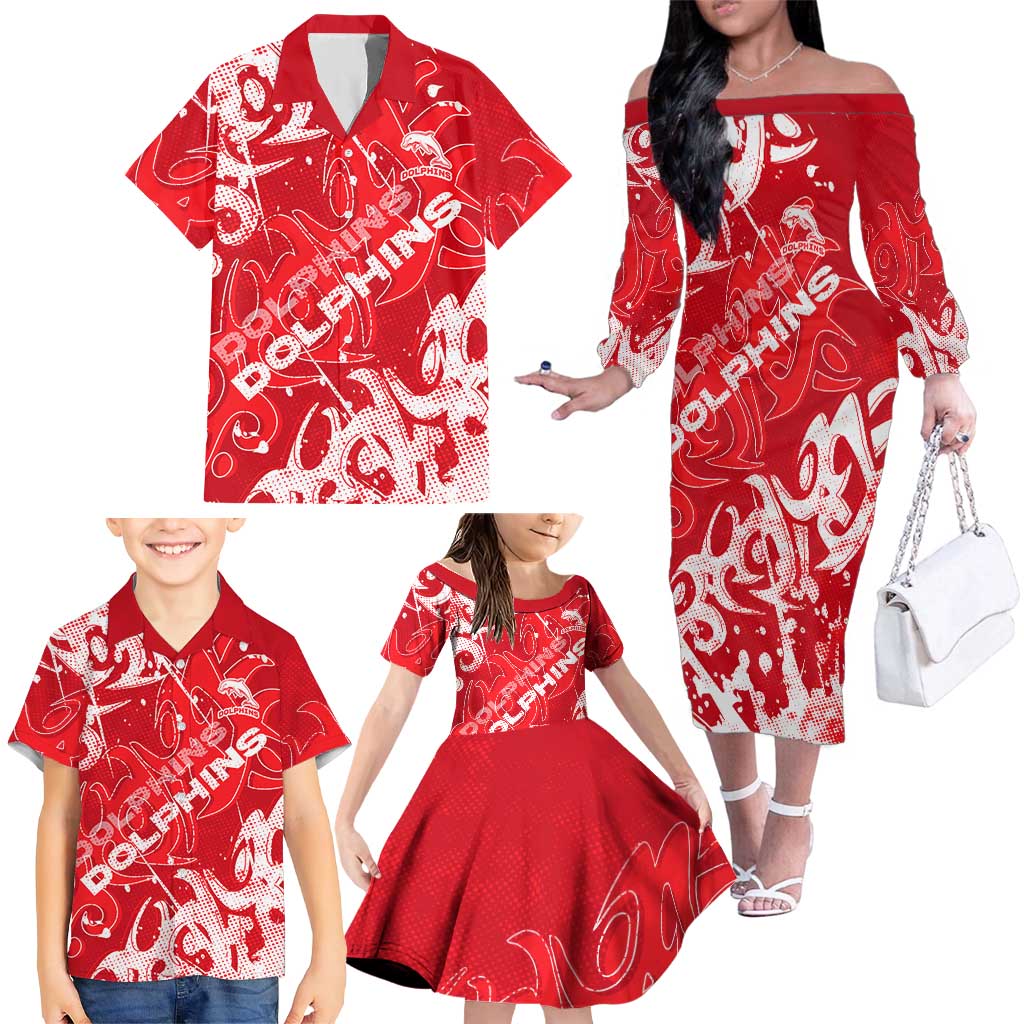 Personalized Dolphins Rugby Family Matching Off The Shoulder Long Sleeve Dress and Hawaiian Shirt Urban Street Graffiti Style - Distressed Splatter Elements