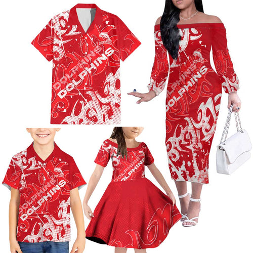 Personalized Dolphins Rugby Family Matching Off The Shoulder Long Sleeve Dress and Hawaiian Shirt Urban Street Graffiti Style - Distressed Splatter Elements
