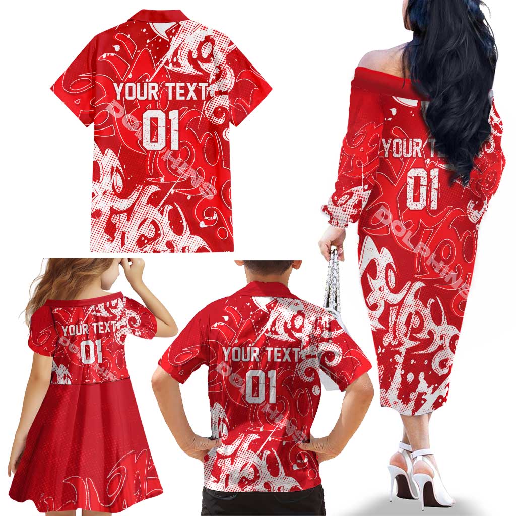 Personalized Dolphins Rugby Family Matching Off The Shoulder Long Sleeve Dress and Hawaiian Shirt Urban Street Graffiti Style - Distressed Splatter Elements