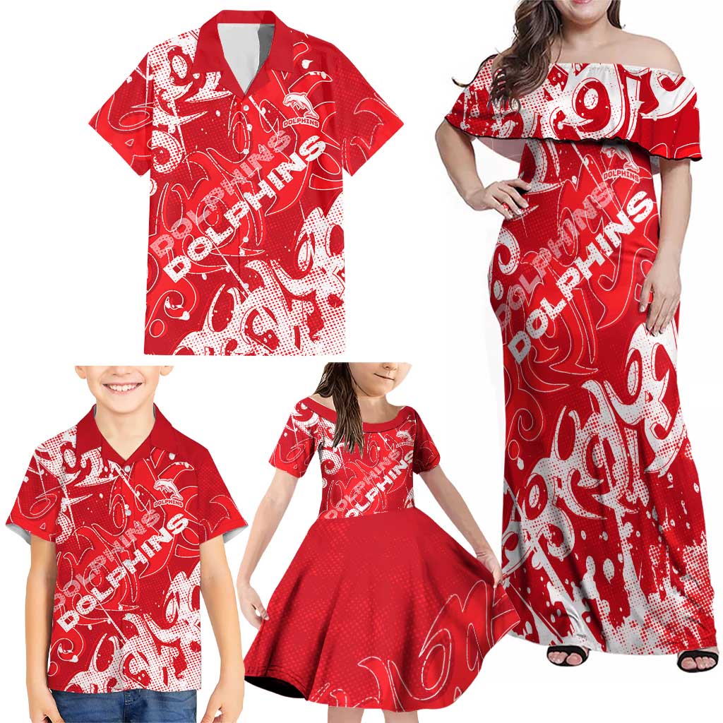 Personalized Dolphins Rugby Family Matching Off Shoulder Maxi Dress and Hawaiian Shirt Urban Street Graffiti Style - Distressed Splatter Elements