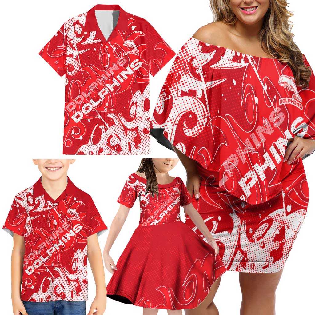 Personalized Dolphins Rugby Family Matching Off Shoulder Short Dress and Hawaiian Shirt Urban Street Graffiti Style - Distressed Splatter Elements
