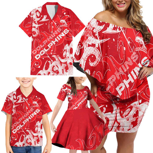 Personalized Dolphins Rugby Family Matching Off Shoulder Short Dress and Hawaiian Shirt Urban Street Graffiti Style - Distressed Splatter Elements
