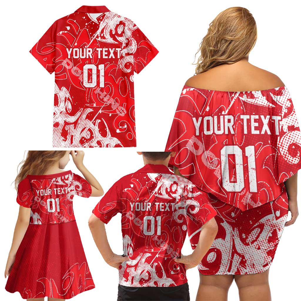 Personalized Dolphins Rugby Family Matching Off Shoulder Short Dress and Hawaiian Shirt Urban Street Graffiti Style - Distressed Splatter Elements