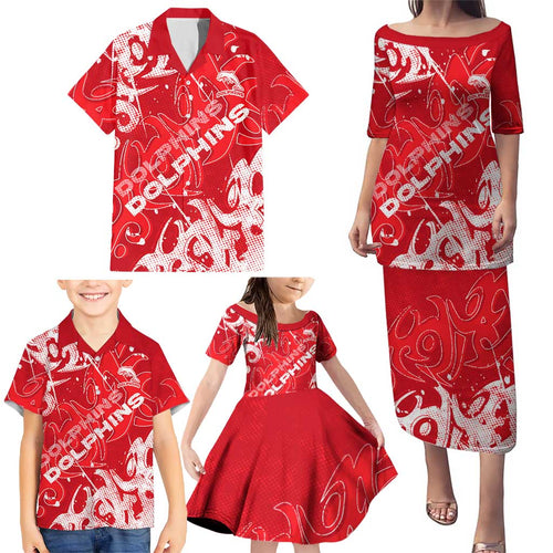 Personalized Dolphins Rugby Family Matching Puletasi and Hawaiian Shirt Urban Street Graffiti Style - Distressed Splatter Elements