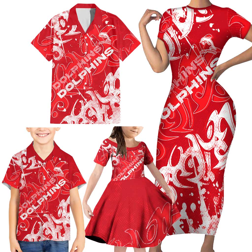 Personalized Dolphins Rugby Family Matching Short Sleeve Bodycon Dress and Hawaiian Shirt Urban Street Graffiti Style - Distressed Splatter Elements