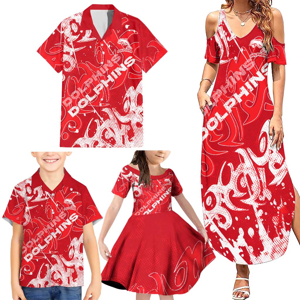 Personalized Dolphins Rugby Family Matching Summer Maxi Dress and Hawaiian Shirt Urban Street Graffiti Style - Distressed Splatter Elements