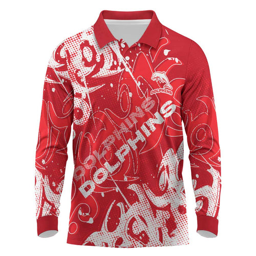 Personalized Dolphins Rugby Long Sleeve Polo Shirt Urban Street Graffiti Style - Distressed Splatter Elements