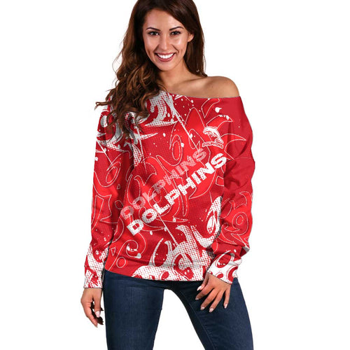 Personalized Dolphins Rugby Off Shoulder Sweater Urban Street Graffiti Style - Distressed Splatter Elements