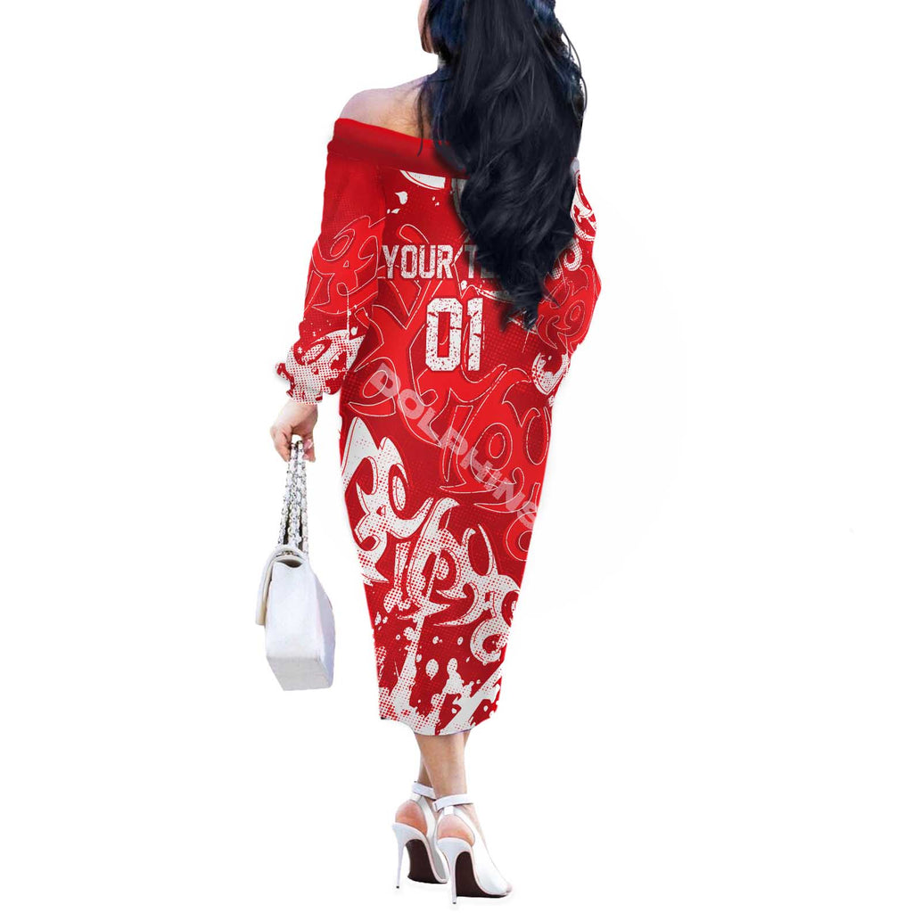 Personalized Dolphins Rugby Off The Shoulder Long Sleeve Dress Urban Street Graffiti Style - Distressed Splatter Elements