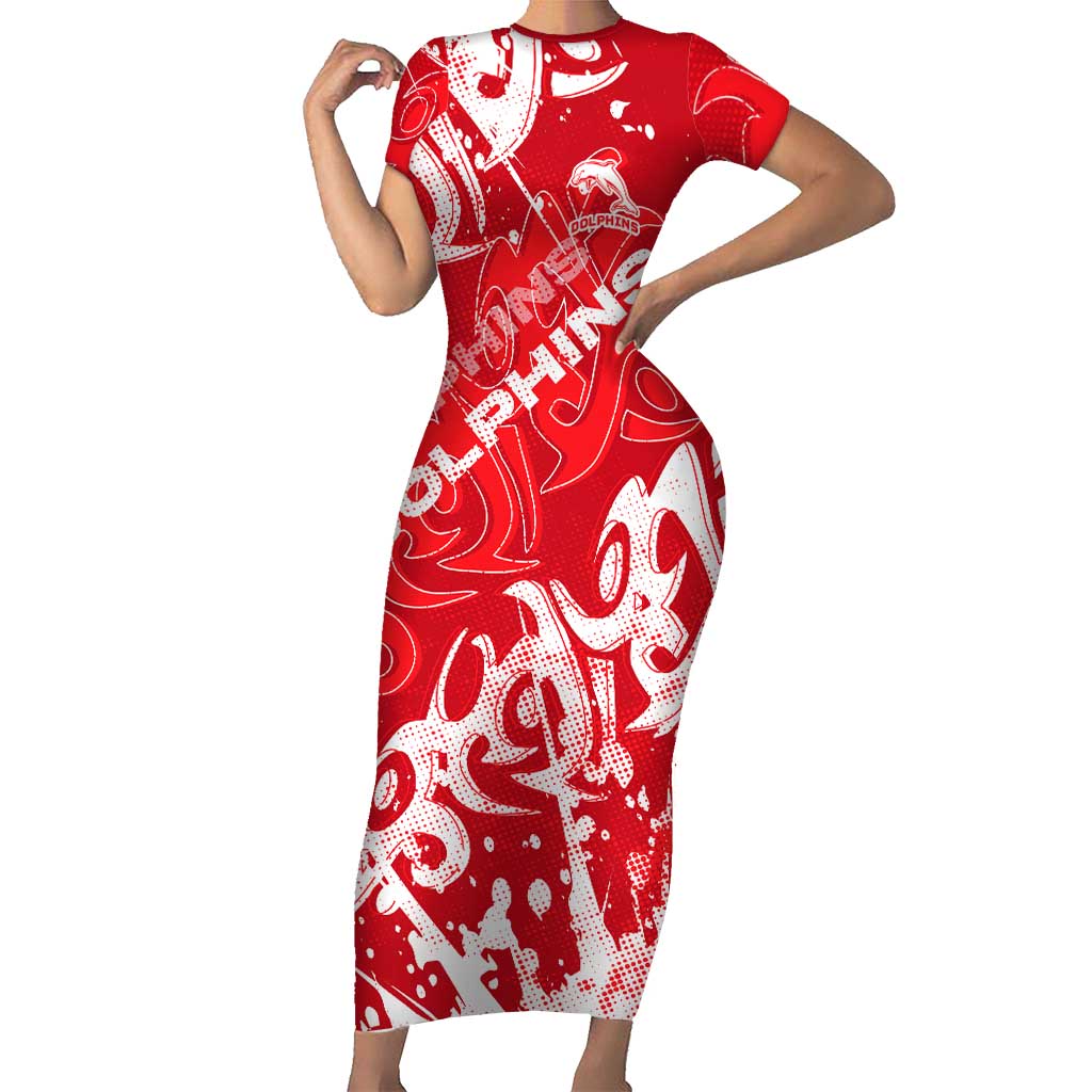 Personalized Dolphins Rugby Short Sleeve Bodycon Dress Urban Street Graffiti Style - Distressed Splatter Elements