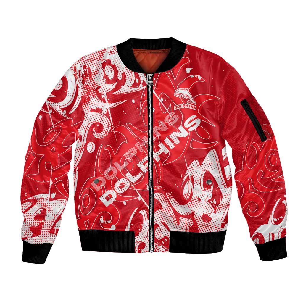 Personalized Dolphins Rugby Sleeve Zip Bomber Jacket Urban Street Graffiti Style - Distressed Splatter Elements