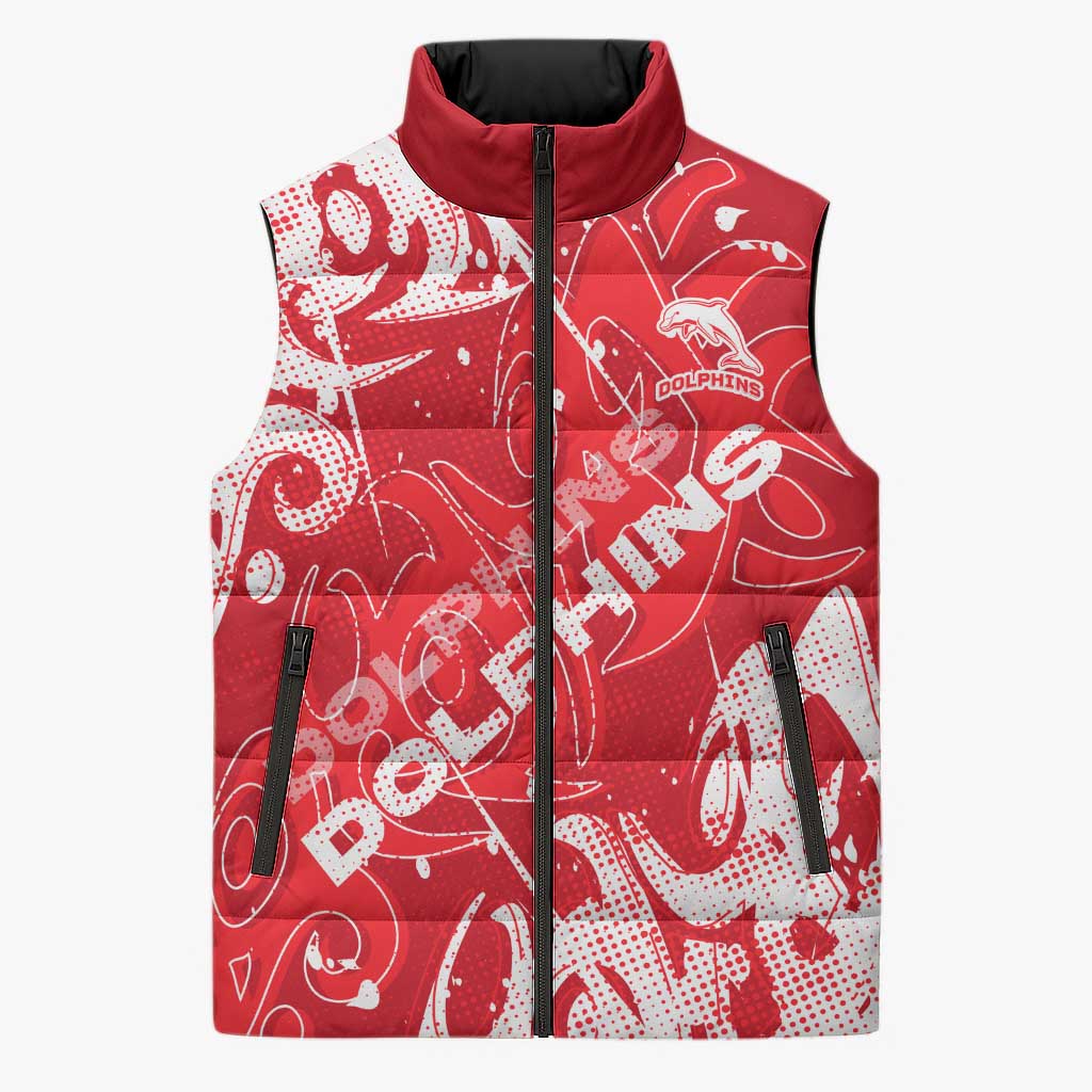 Personalized Dolphins Rugby Sleeveless Puffer Jacket Urban Street Graffiti Style - Distressed Splatter Elements
