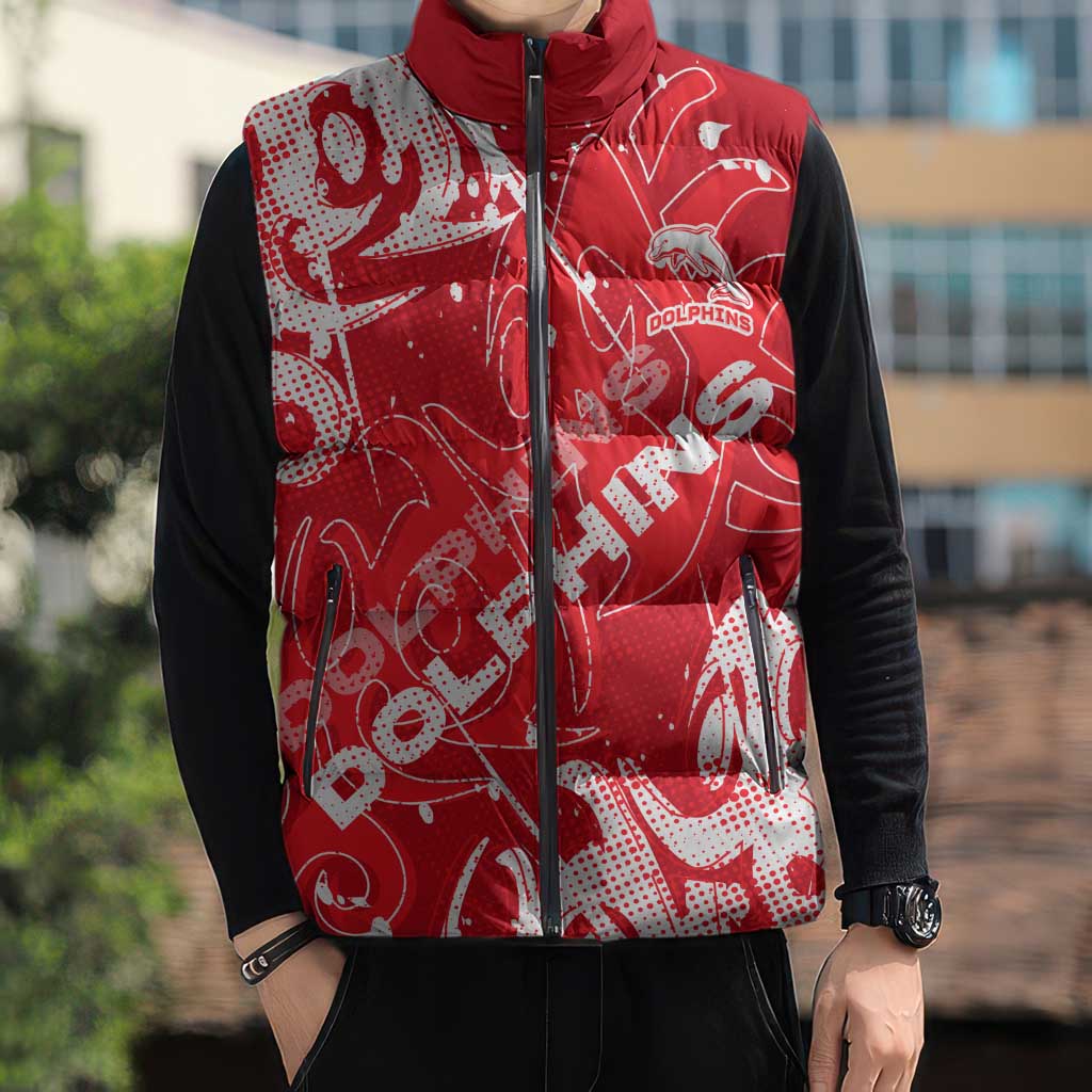 Personalized Dolphins Rugby Sleeveless Puffer Jacket Urban Street Graffiti Style - Distressed Splatter Elements