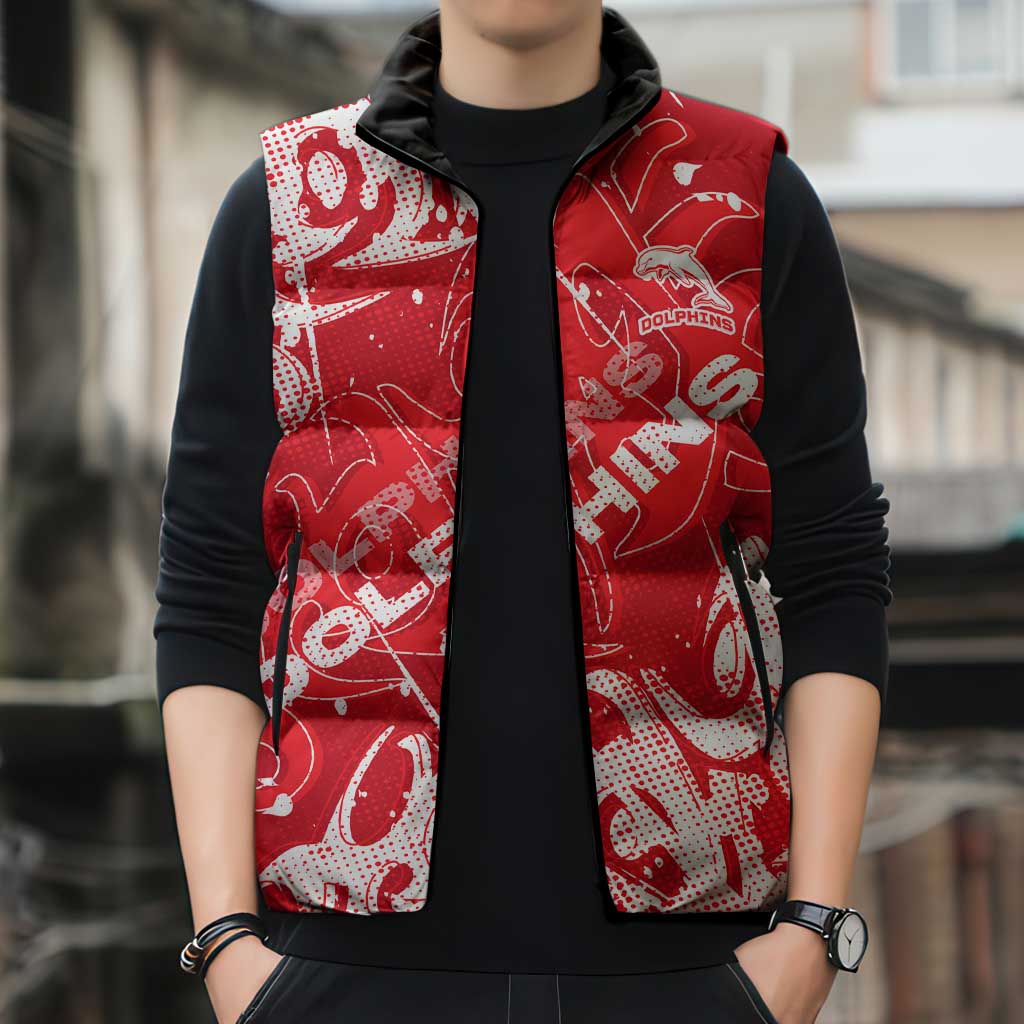 Personalized Dolphins Rugby Sleeveless Puffer Jacket Urban Street Graffiti Style - Distressed Splatter Elements