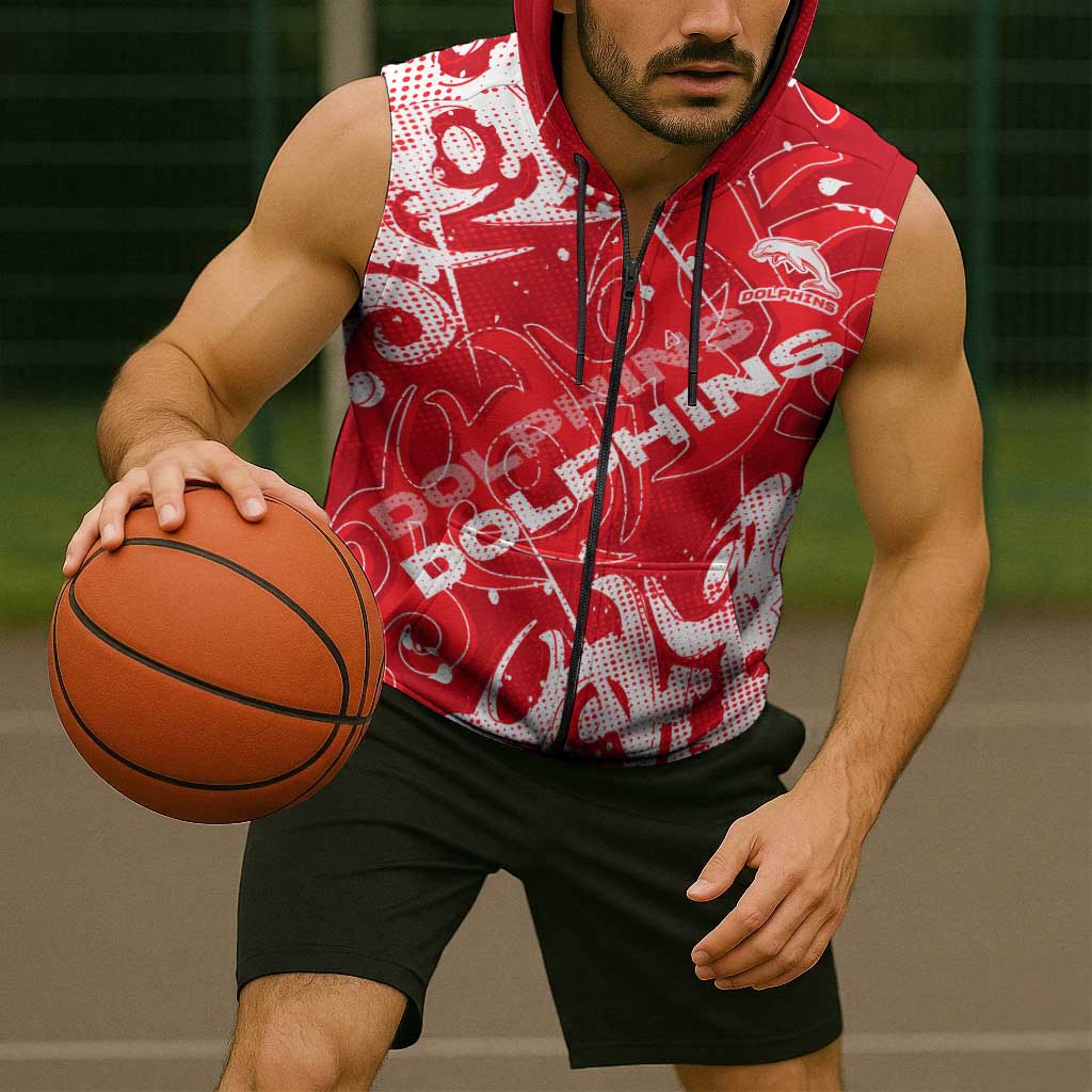 Personalized Dolphins Rugby Sleeveless Zip Hoodie Urban Street Graffiti Style - Distressed Splatter Elements