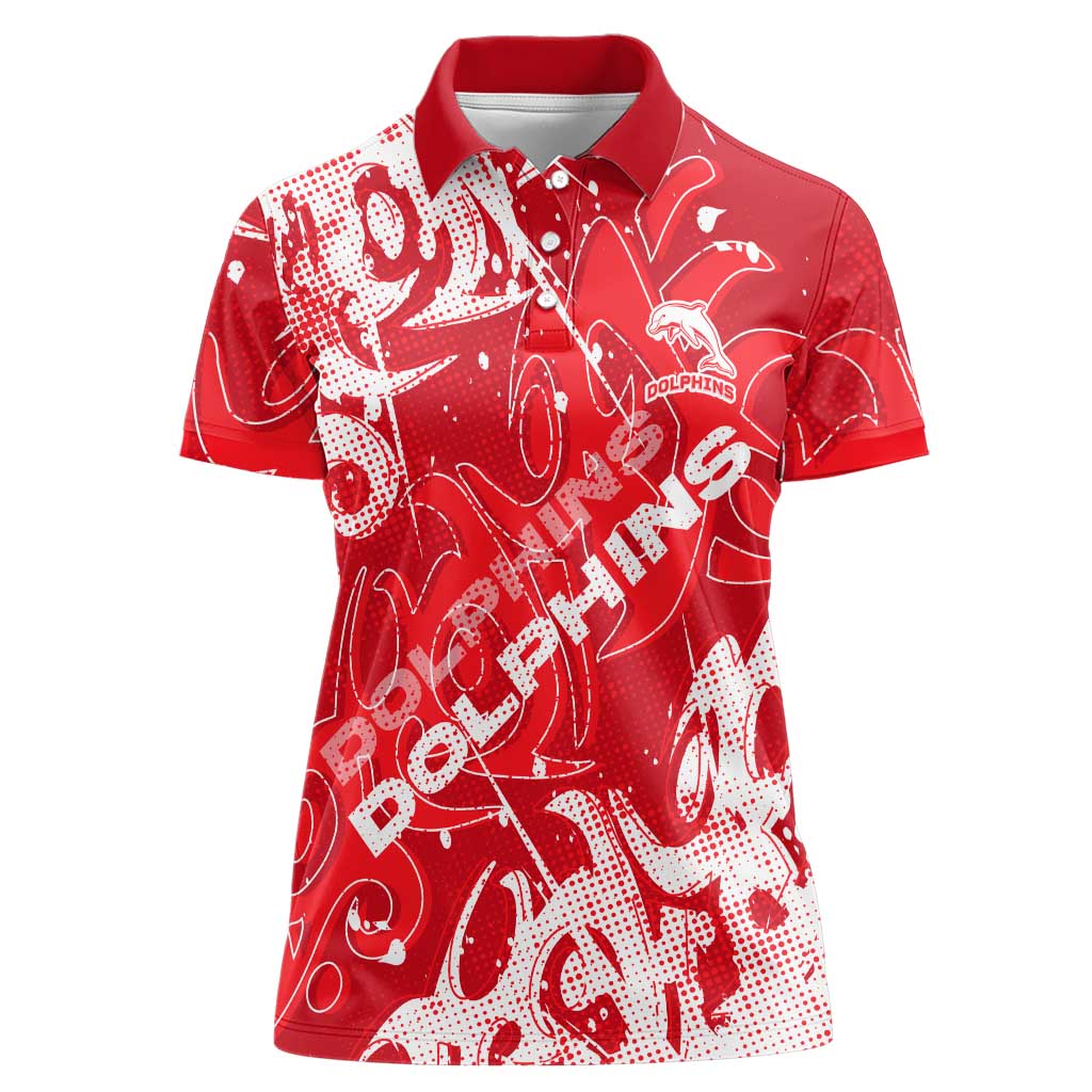 Personalized Dolphins Rugby Women Polo Shirt Urban Street Graffiti Style - Distressed Splatter Elements