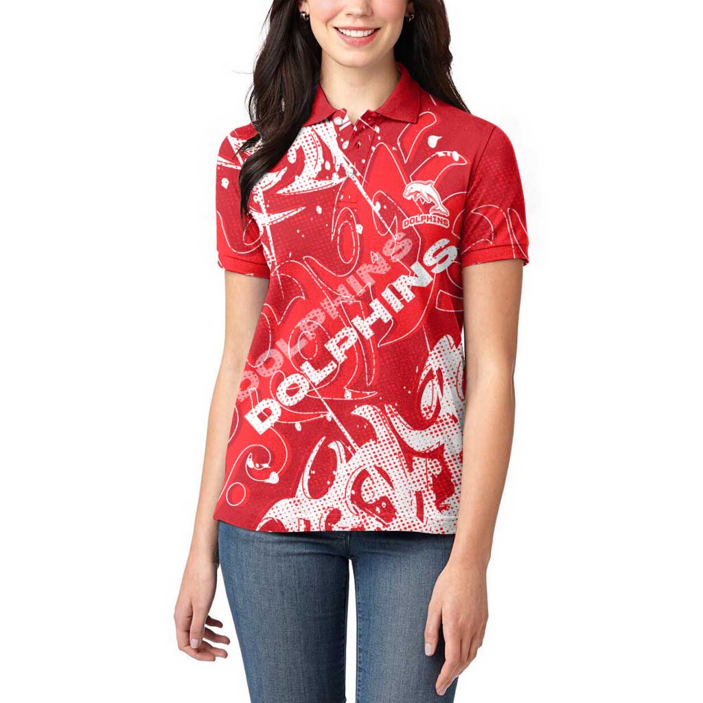 Personalized Dolphins Rugby Women Polo Shirt Urban Street Graffiti Style - Distressed Splatter Elements