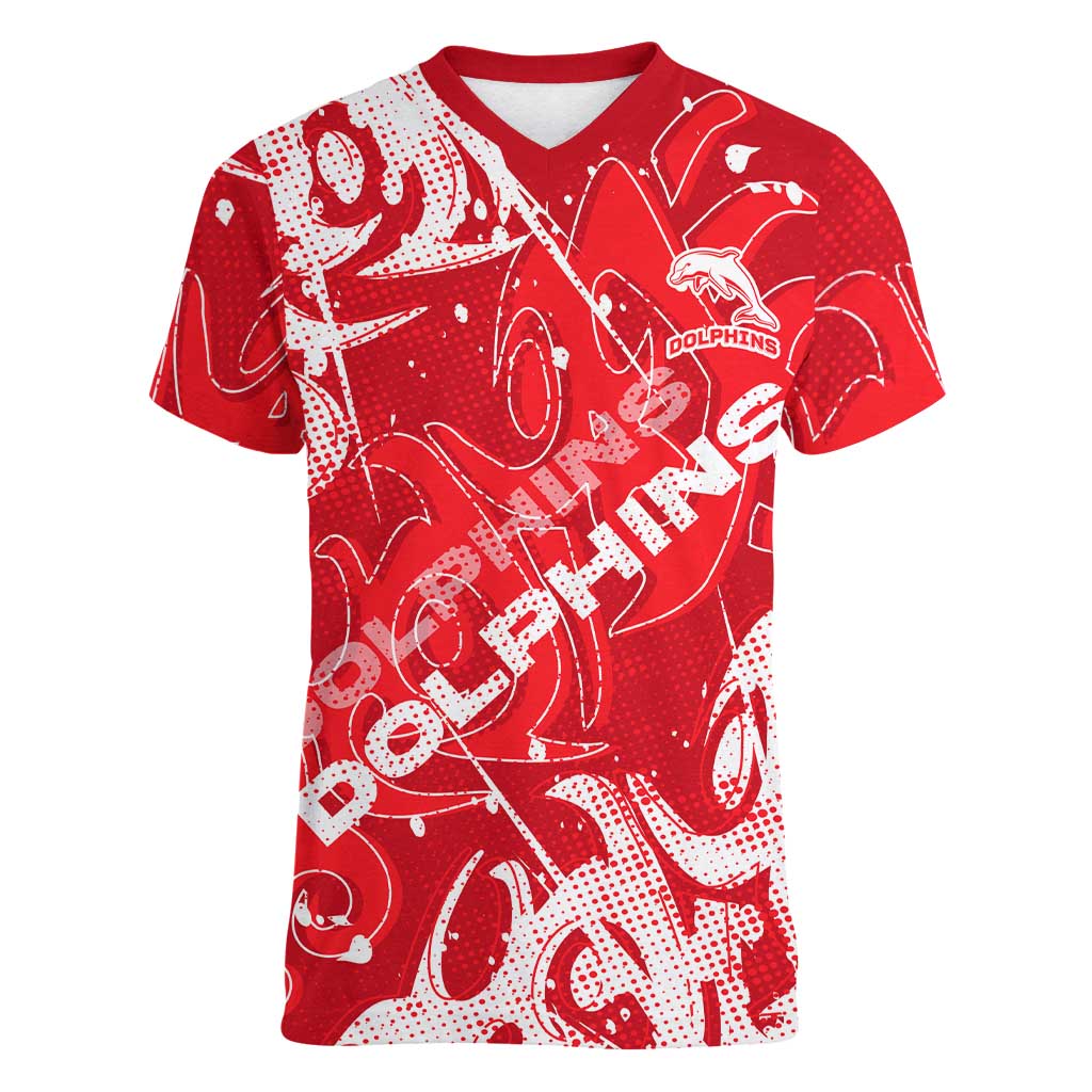 Personalized Dolphins Rugby Women V-Neck T-Shirt Urban Street Graffiti Style - Distressed Splatter Elements