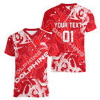Personalized Dolphins Rugby Women V-Neck T-Shirt Urban Street Graffiti Style - Distressed Splatter Elements