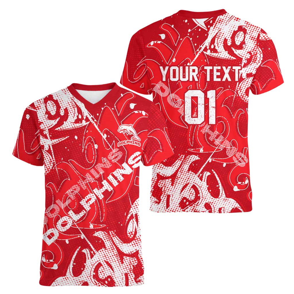 Personalized Dolphins Rugby Women V-Neck T-Shirt Urban Street Graffiti Style - Distressed Splatter Elements