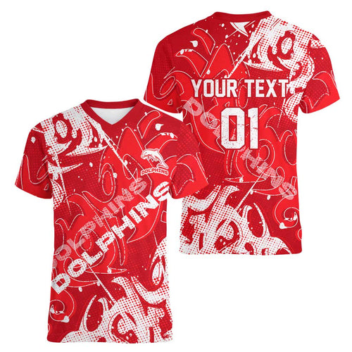 Personalized Dolphins Rugby Women V-Neck T-Shirt Urban Street Graffiti Style - Distressed Splatter Elements