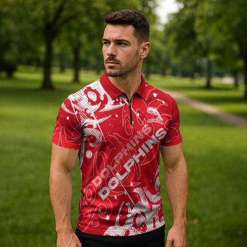 Personalized Dolphins Rugby Zipper Polo Shirt Urban Street Graffiti Style - Distressed Splatter Elements