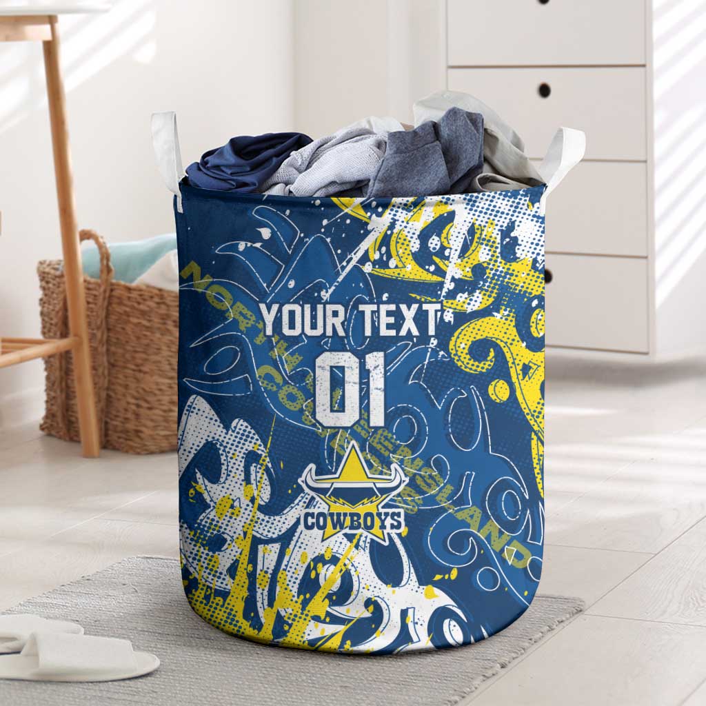 Personalized North Queensland Cowboys Rugby Laundry Basket Urban Street Graffiti Style - Distressed Splatter Elements
