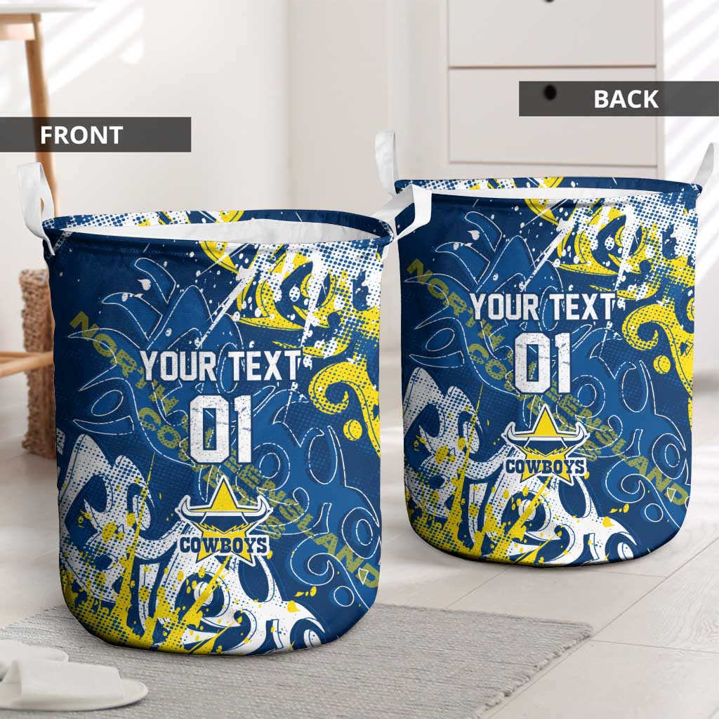 Personalized North Queensland Cowboys Rugby Laundry Basket Urban Street Graffiti Style - Distressed Splatter Elements