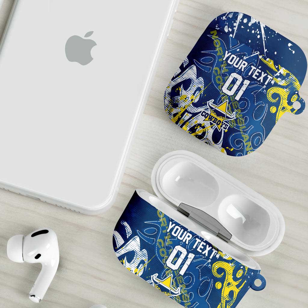 Personalized North Queensland Cowboys Rugby AirPods Case Urban Street Graffiti Style - Distressed Splatter Elements