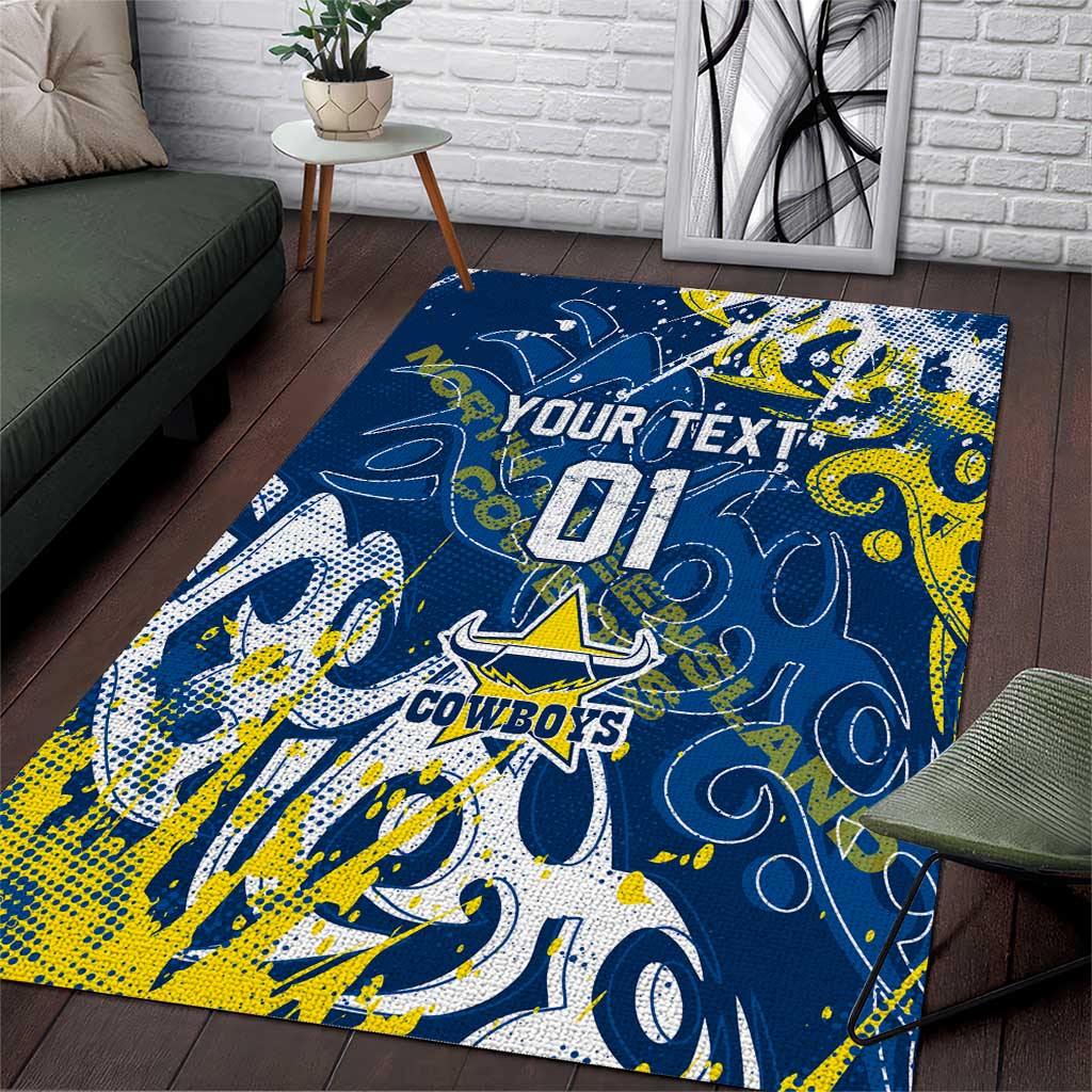 Personalized North Queensland Cowboys Rugby Area Rug Urban Street Graffiti Style - Distressed Splatter Elements
