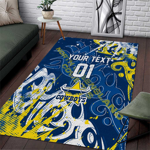 Personalized North Queensland Cowboys Rugby Area Rug Urban Street Graffiti Style - Distressed Splatter Elements