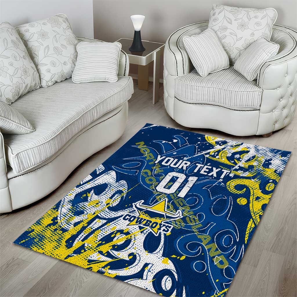 Personalized North Queensland Cowboys Rugby Area Rug Urban Street Graffiti Style - Distressed Splatter Elements