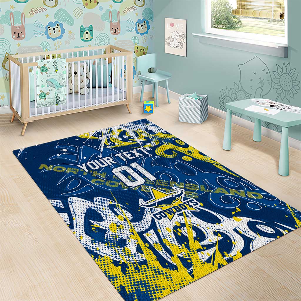 Personalized North Queensland Cowboys Rugby Area Rug Urban Street Graffiti Style - Distressed Splatter Elements