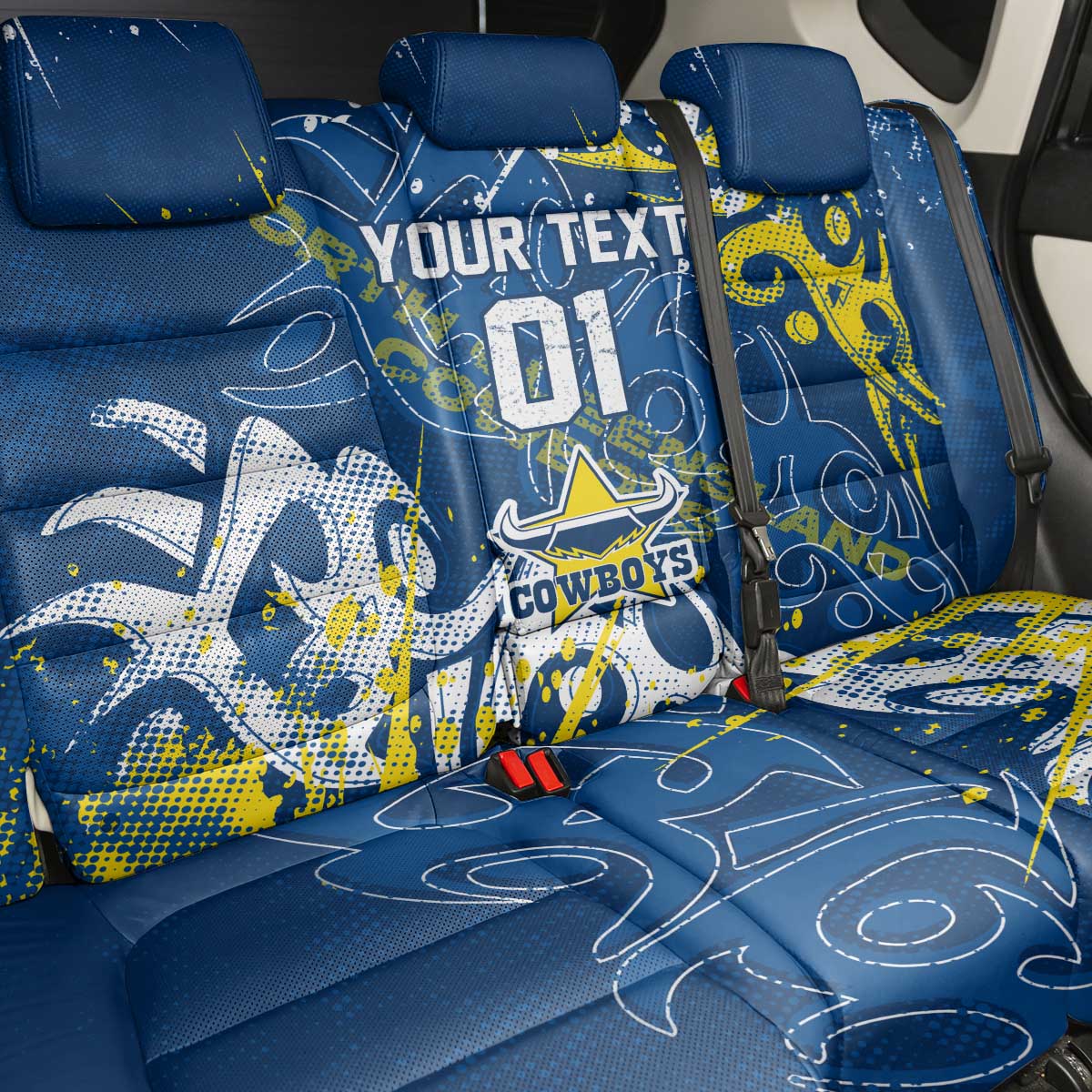 Personalized North Queensland Cowboys Rugby Back Car Seat Cover Urban Street Graffiti Style - Distressed Splatter Elements