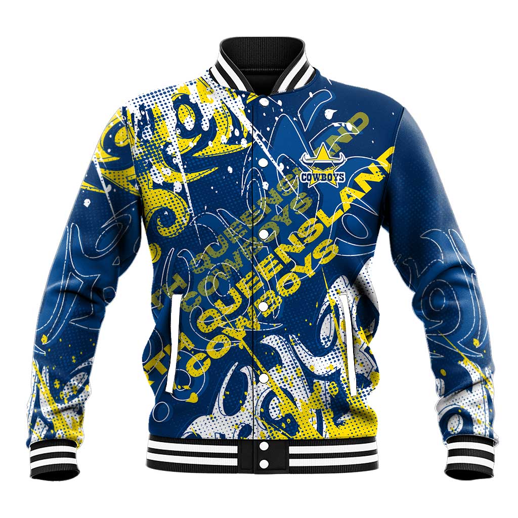 Personalized North Queensland Cowboys Rugby Baseball Jacket Urban Street Graffiti Style - Distressed Splatter Elements