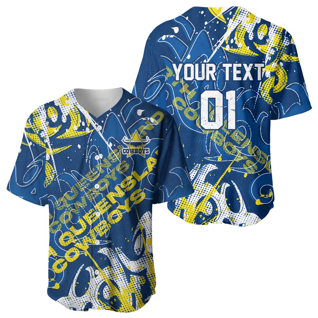 Personalized North Queensland Cowboys Rugby Baseball Jersey Urban Street Graffiti Style - Distressed Splatter Elements