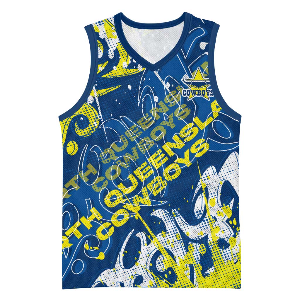 Personalized North Queensland Cowboys Rugby Basketball Jersey Urban Street Graffiti Style - Distressed Splatter Elements