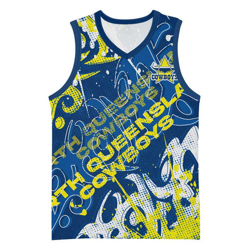 Personalized North Queensland Cowboys Rugby Basketball Jersey Urban Street Graffiti Style - Distressed Splatter Elements