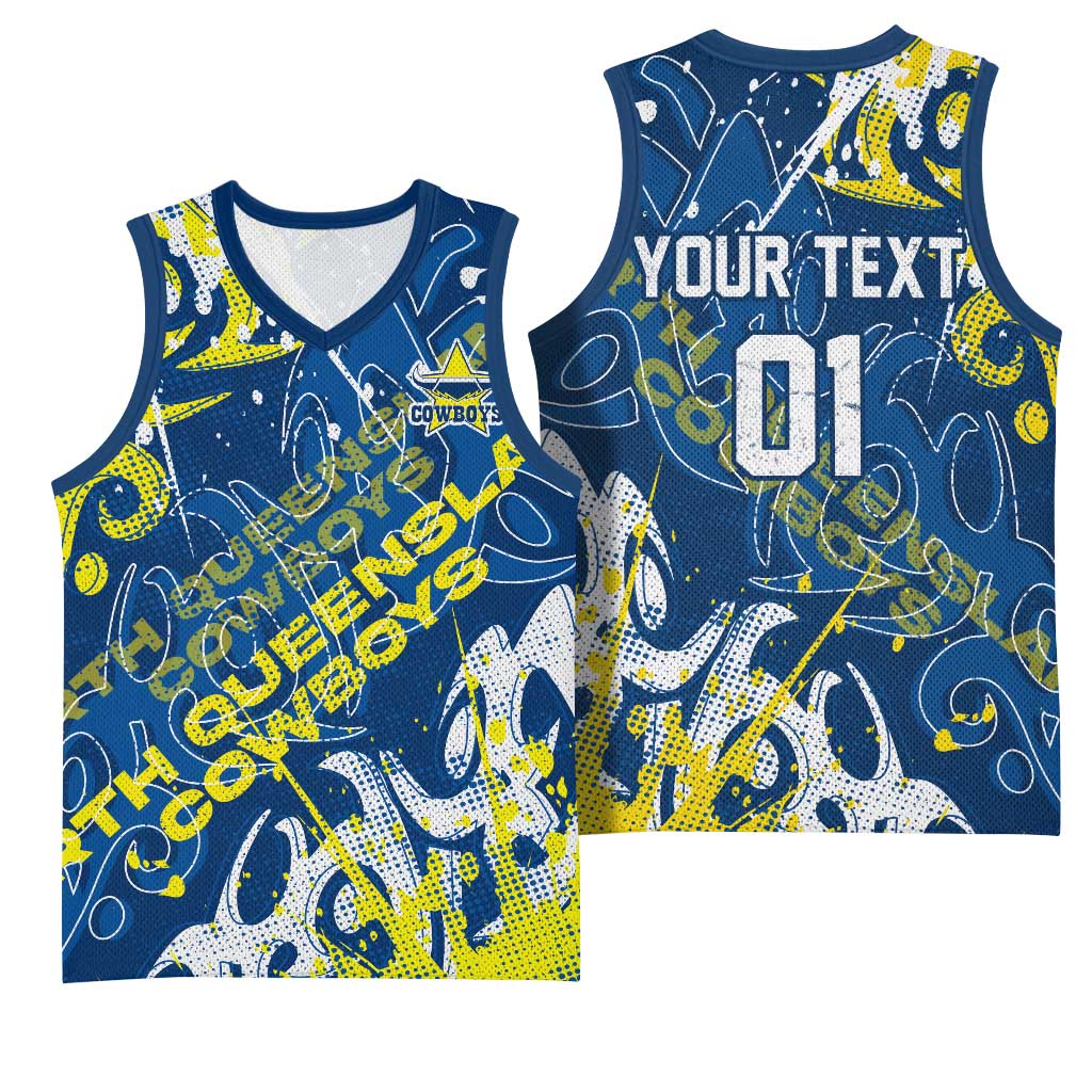Personalized North Queensland Cowboys Rugby Basketball Jersey Urban Street Graffiti Style - Distressed Splatter Elements