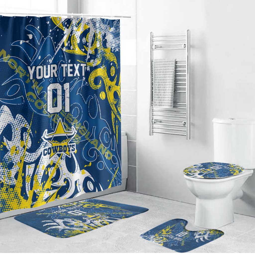 Personalized North Queensland Cowboys Rugby Bathroom Set Urban Street Graffiti Style - Distressed Splatter Elements