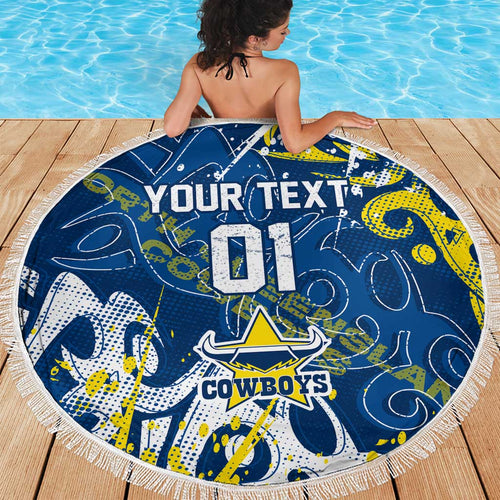 Personalized North Queensland Cowboys Rugby Beach Blanket Urban Street Graffiti Style - Distressed Splatter Elements