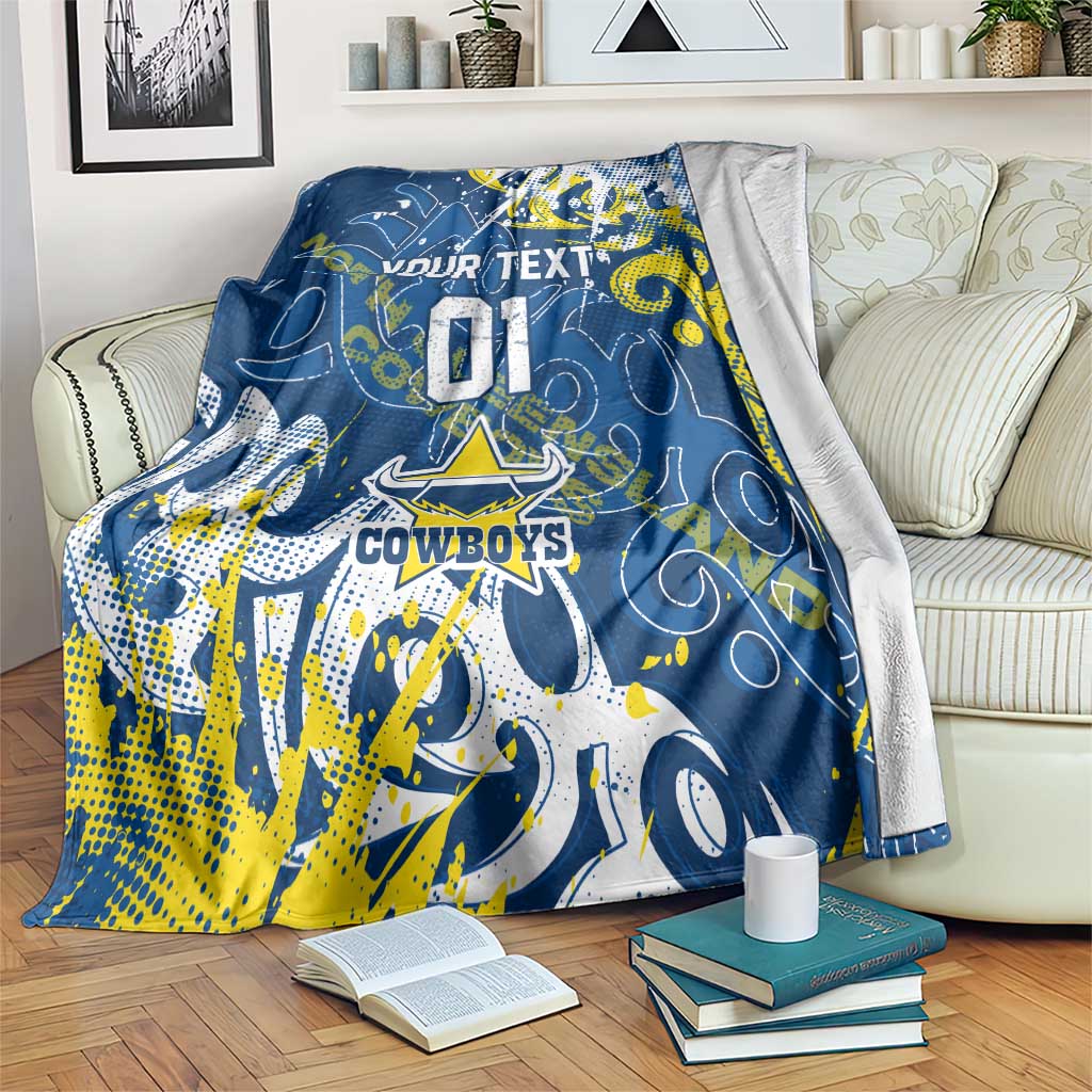 Personalized North Queensland Cowboys Rugby Blanket Urban Street Graffiti Style - Distressed Splatter Elements